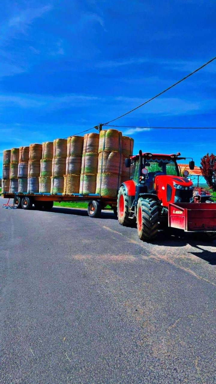 Tracteur agricole avec une remorque plateau chargée de balles de foin Puy-de-Dôme
